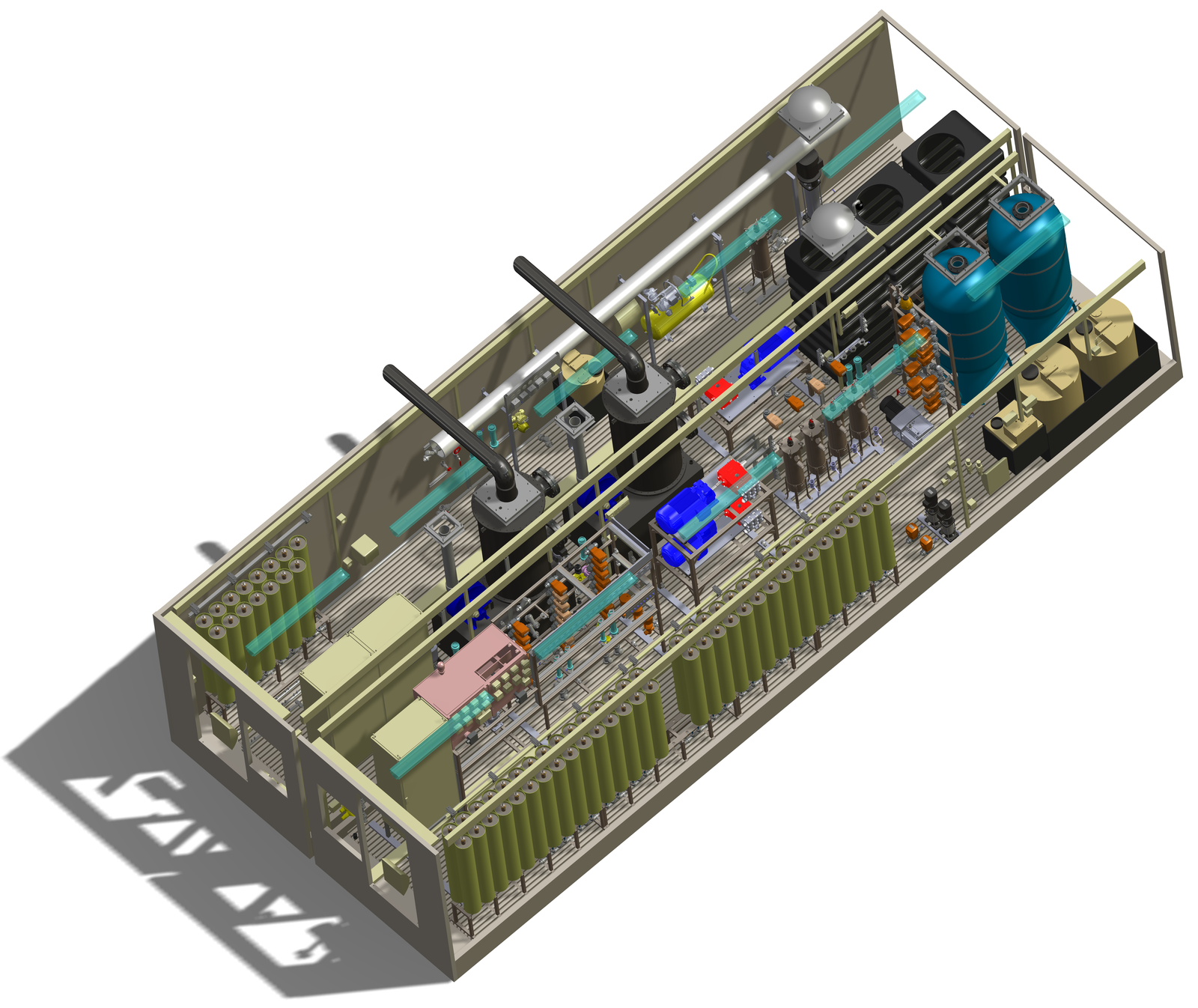 3D as-built drawing of a ROTREAT containerized wastewater treatment plant